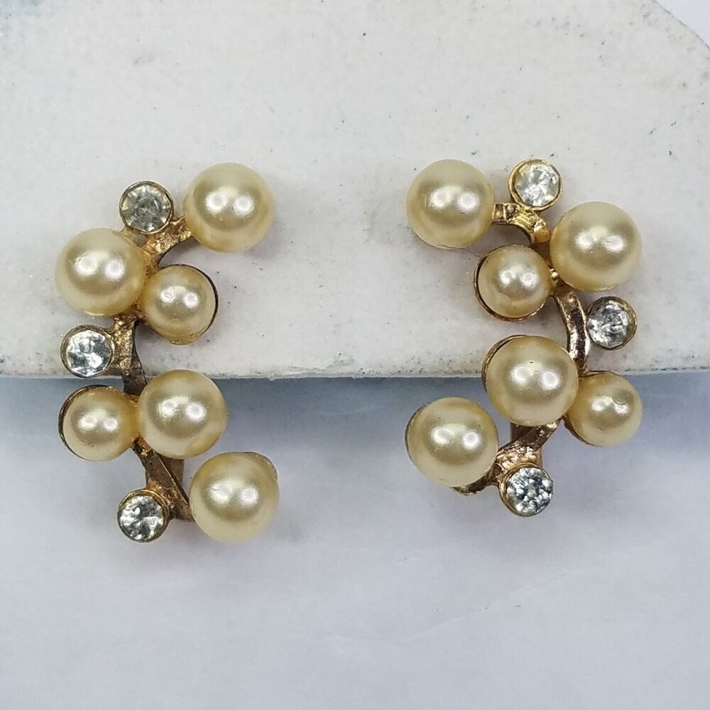 Earrings Climber Faux Pearl Rhinestone Screw Back Branch Costume Jewelry Vintage